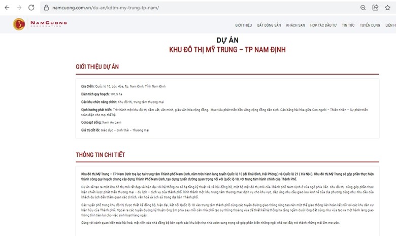 Trên website của Công ty CP Tập đoàn Nam Cường giới thiệu, dự án khu đô thị Mỹ Trung có diện tích gần 200ha, có vị trí tại trung tâm TP Nam Định (tỉnh Nam Định), nằm trên hành lang tuyến đường Quốc lộ 10 (đi Thái Bình, Hải Dương, Hải Phòng) và Quốc lộ 21 (đi Hà Nam, Hà Nội). (Ảnh: Chụp màn hình).