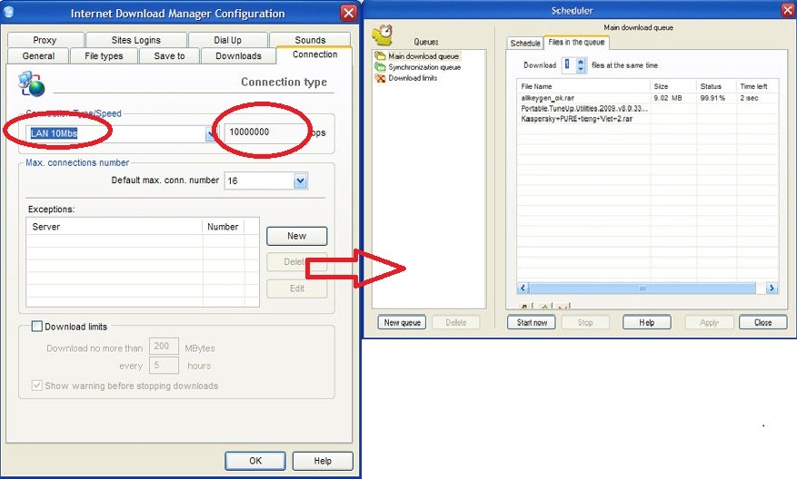  Cách 1: tăng tốc cho IDM Mở IDM của máy -&gt; chọn Option-&gt; chọn thẻ Connection. Sau đó bạn chỉnh các chỉ số như trong hình ảnh. Bước 2: hình đồng hồ Scheduler, chọn thẻ Files in the queue -&gt; chỉnh số 1 vào mục Download.