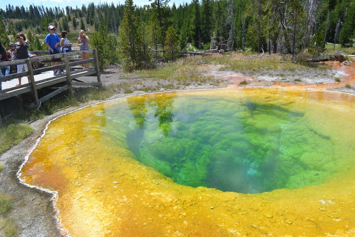 Hồ Morning Glory ở Công viên Quốc gia Yellowstone rực sáng với màu vàng, xanh lam và xanh lục rực rỡ. Tạp chí Smithsonian đưa tin, ban đầu suối nước nóng chỉ có màu xanh thẫm nhưng du khách ném đồng xu và đá xuống hồ khiến nước nguội đi, sinh ra các vi sinh vật mới và thay đổi màu sắc