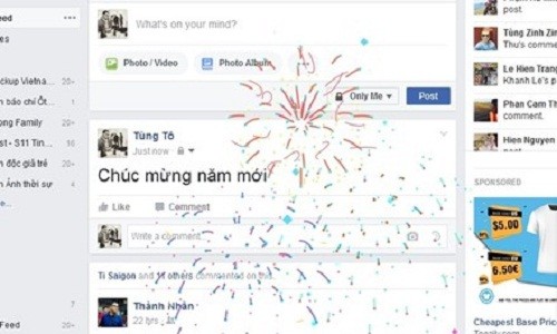 Những ngày cuối cùng của năm 2016, ông trùm  mạng xã hội Facebook đã ra mắt tính năng chào năm mới bắn pháo hoa khi người dùng đăng trạng thái "Chúc mừng năm mới". Ảnh: Tiền phong.