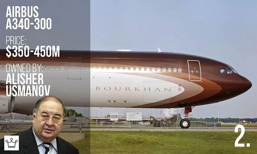 Tỷ phú người Nga Alisher Usmanov khiến thế giới ngỡ ngàng khi bỏ ra 500 triệu USD để sở hữu chuyên cơ  Airbus A340-300. Ảnh: Alux.