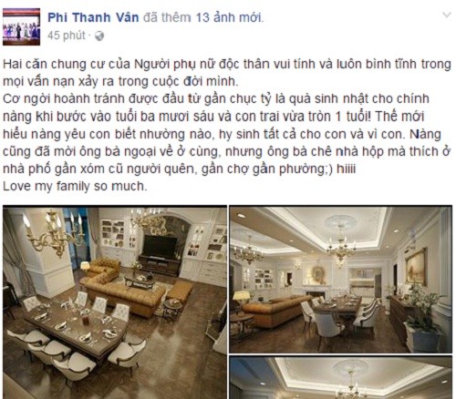 Mới đây, Phi Thanh Vân vừa chia sẻ trên trang Facebook cá nhân về hai căn chung cư mới tậu trị giá gần 10 tỷ. Ảnh chụp màn hình Facebook.