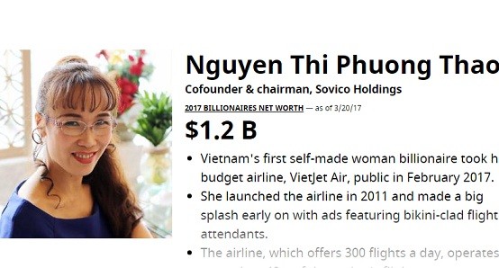 Mới đây, bà Nguyễn Thị Phương Thảo - CEO Vietjet Air được Tạp chí Forbes công nhận là  tỷ phú đô la của Việt Nam. Ảnh: Forbes.