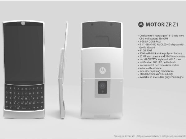 Được sáng tạo bởi Giuseppe Avanzato,  concept điện thoại độc đáo của Motorola giống như một thanh trượt mỏng với màn hình cảm ứng kết hợp bàn phím bấm phím vật lý. Đây là điểm khác thường so với các dòng điện thoại của Motorola. Ảnh: Gizbot.