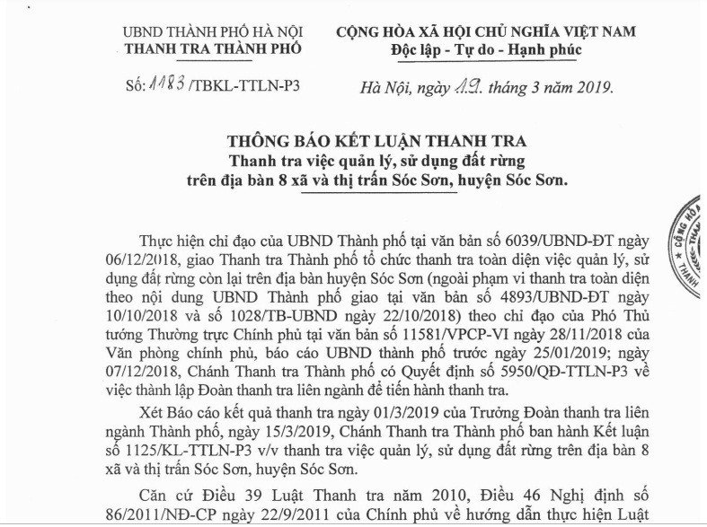 Mới đây, Thanh tra TP Hà Nội đã có thông báo kết luận thanh tra số 1183/TBKL-TTLN-P3 thanh tra việc quản lý, sử dụng đất rừng trên địa bàn 8 xã và thị trấn Sóc Sơn, huyện Sóc Sơn. Ảnh: Thanh tra TP Hà Nội.