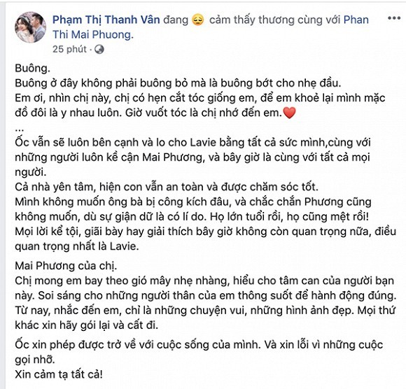 Sau những ngày im lặng vì quá mệt mỏi lo đám tang cho người em quá cố, mới đây, trên trang cá nhân  Ốc Thanh Vân khẳng định sẽ ở bên cạnh và bảo vệ bé Lavie (con gái Mai Phương) bằng mọi cách.