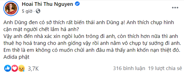 Chiều ngày 3/1, showbiz Việt xôn xao khi Hoa hậu Thu Hoài đăng đàn "dằn mặt"  Dũng Taylor (chồng ca sĩ Thu Phương) cực gắt về việc chụp ảnh thi hài cố NS Vân Quang Long chia sẻ lên MXH. Ảnh: chụp màn hình.