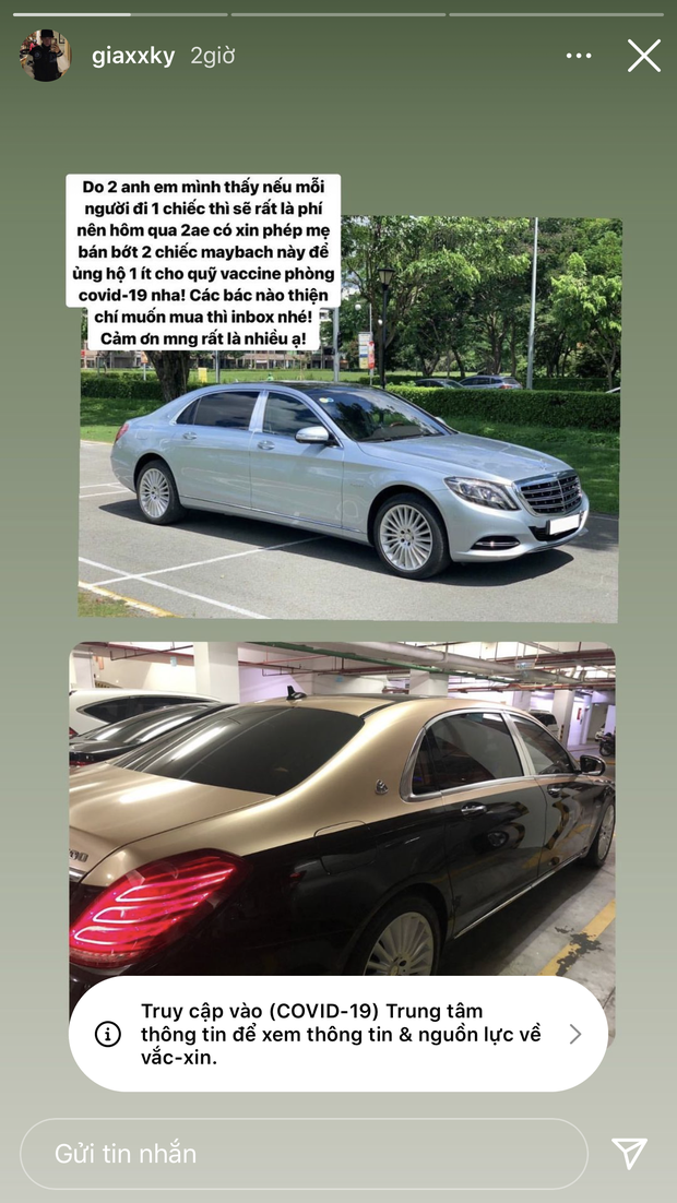 Mới đây,  rich kid Gia Kỳ bất ngờ đăng story rao bán 2 chiếc Maybach. Trong đó, 1 chiếc là Mercedes Maybach S500 từng khiến dân tình trầm trồ và 1 chiếc là xe của em Gia Kỳ.