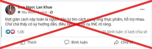 Tối 18/7, hoa khôi Áo dài Việt Nam 2014 Trần Ngọc  Lan Khuê gây tranh cãi khi chia sẻ thông tin thiếu hiểu biết về công tác chống dịch tại TP HCM trên trang Facebook cá nhân. Dù đã xoá nhanh dòng trạng thái trên nhưng Lan Khuê vẫn vướng phải luồng ý kiến chỉ trích dữ dội từ khán giả. Ảnh chụp màn hình