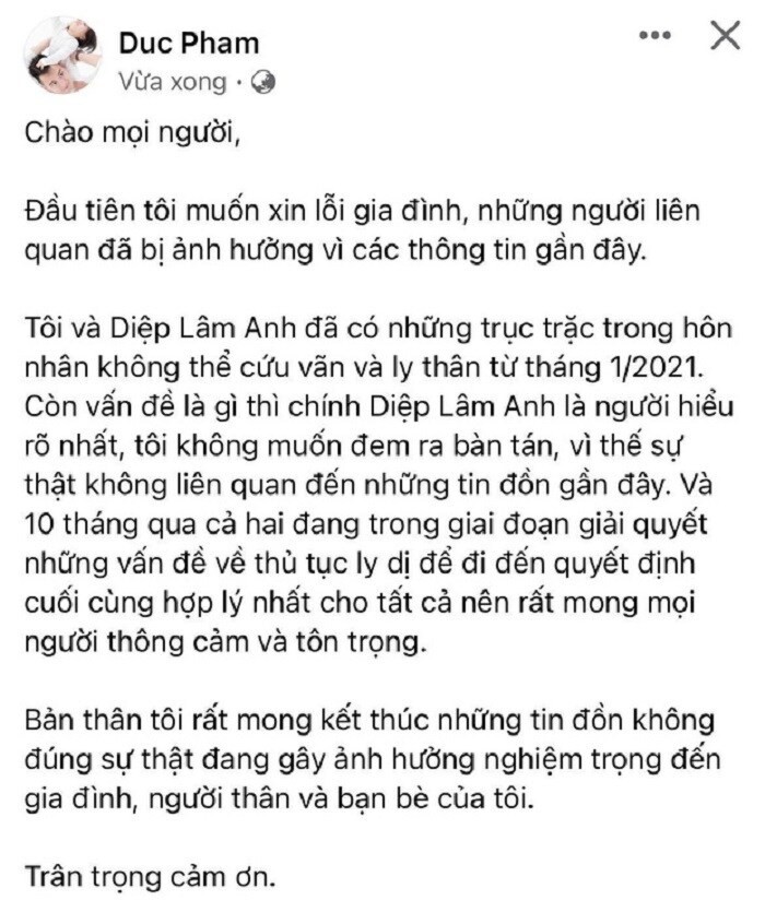 Sau thời gian dài vướng nghi vấn trục trặc hôn nhân, chiều ngày 31/10, một tài khoản Facebook được cho là của doanh nhân Đức Phạm -  chồng Diệp Lâm Anh có bài đăng cho biết, cả hai đã ly thân vào tháng 1/2021. Tuy nhiên, chỉ sau vài phút đăng tải, dòng trạng thái nói trên đã bị xoá và khóa luôn tài khoản Facebook. Ảnh: Báo giao thông