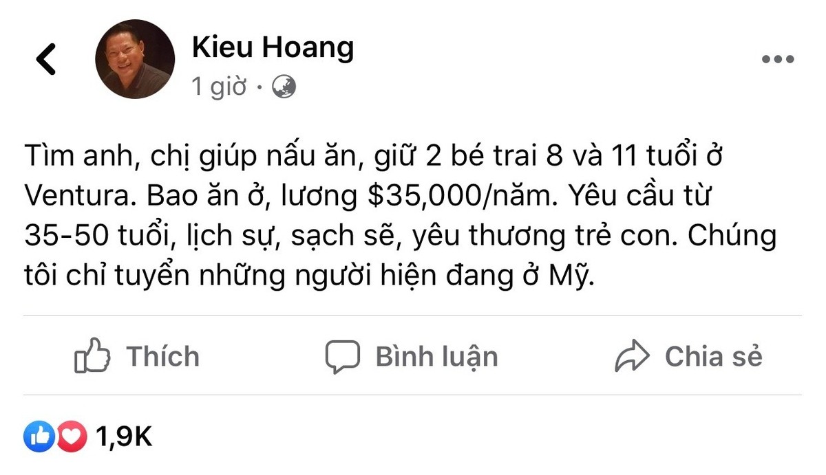 Đầu tháng 10/2021, tỷ phú Hoàng Kiều đã đăng tải dòng trạng thái tuyển người chăm sóc, nấu ăn với mức lương 35.000 USD (tương đương gần 800 triệu đồng) khiến nhiều người không khỏi ngỡ ngàng. Ảnh chụp màn hình