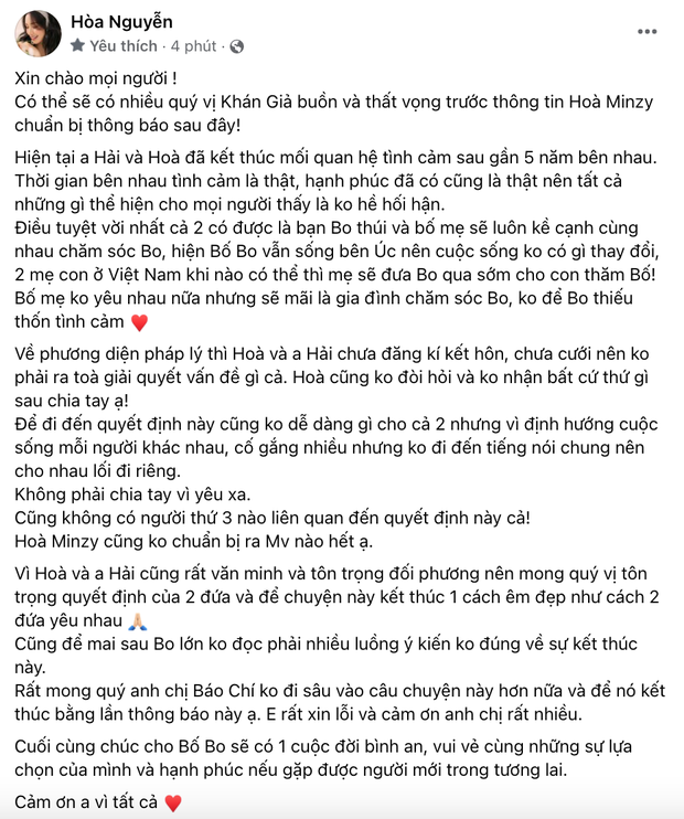 Mới đây, trên trang cá nhân,  Hòa Minzy có tâm thư dài xác nhận "đường ai nấy đi" với thiếu gia Minh Hải sau 5 năm yêu nhau. Ảnh: chụp màn hình