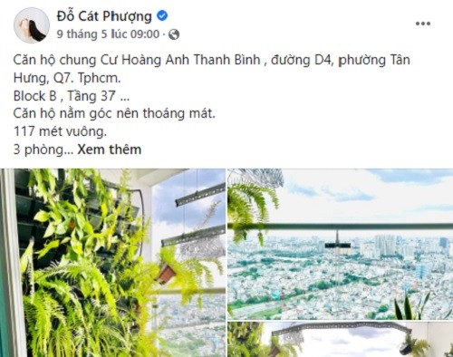 Mới đây,  Cát Phượng đăng tải bài viết rao bán nhà trên trang cá nhân. Theo đó, nữ diễn viên bán căn chung cư tại Quận 7, TP.HCM.