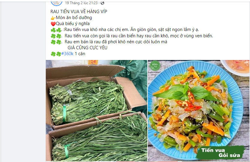 Thời gian gần đây,  rau tiến vua được rao bán nhiều trên chợ mạng ở nhiều dạng như tươi, khô, muối chua, ngâm chua ngọt... Ảnh chụp màn hình