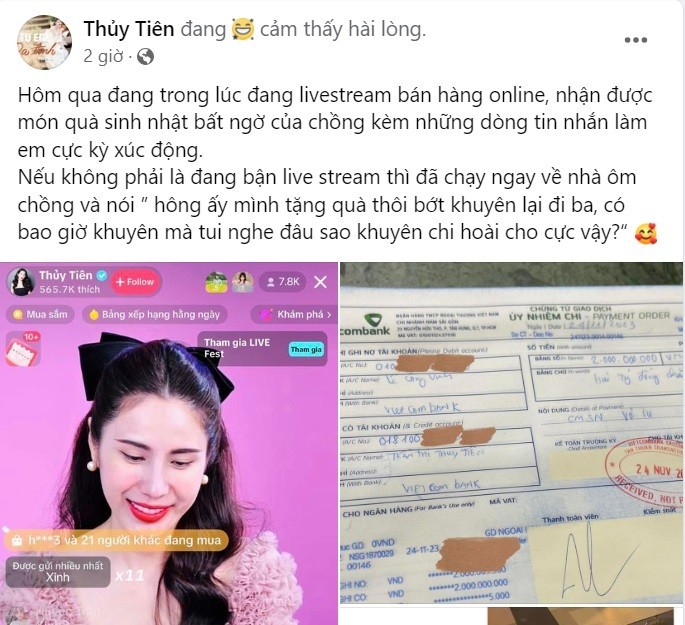 Mới đây, ca sĩ Thủy Tiên khoảnh khắc tràn ngập hạnh phúc khi nhận được món quà sinh nhật đặc biệt từ ông xã  Công Vinh. Công Vinh không chỉ chúc mừng sinh nhật vợ mà còn chuyển khoản 2 tỷ đồng, thể hiện sự chân thành và tình cảm giữa đôi vợ chồng. Ảnh chụp màn hình