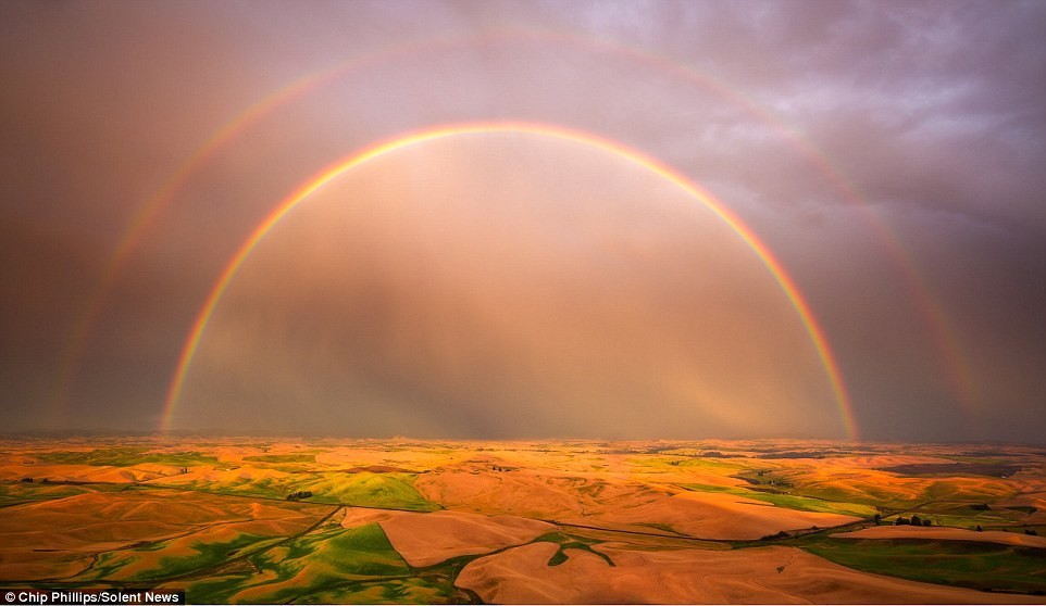 Cảnh tượng cầu vòng kép tuyệt đẹp trên những ngọn đồi nhấp nhô ở Palouse.