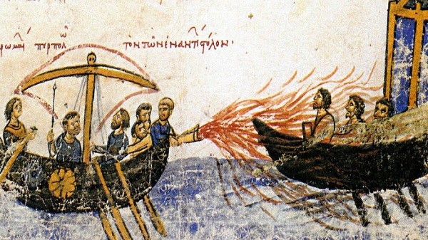 Vũ khí quân sự Greek fire hay "Lrwa Hy Lạp" bắt đầu được sử dụng trong các trận chiếc trên biển vào những năm 670 sau Công nguyên. Chất lỏng này bắn qua một ống hút, cháy trong nước và chỉ có thể dập tắt bằng giấm, cát và nước tiểu, luôn luôn nổi trên mặt nước.