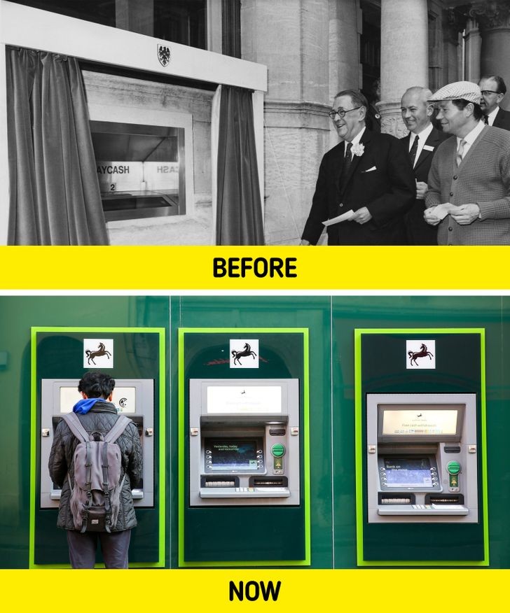 Nguyên mẫu của máy ATM được thiết kế bởi Luther George Simjian vào năm 1939, tuy nhiên phải đến những năm 60 nó mới được sử dụng. Bức ảnh ở bên trên cho thấy nam diễn viên Reg Varney đang sử dụng máy ATM đầu tiên ở phía bắc London, Anh.