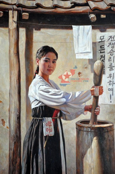 Cô gái giã gạo. Họa sĩ: Choi Ok Gyun. Các bức tranh được giới thiệu trên trang Northkoreanpainting.com, một trong các gallery trực tuyến hiếm hoi có bán những họa phẩm của xưởng nghệ thuật nổi tiếng Mansudae ở thủ đô Bình Nhưỡng của CHDCND Triều Tiên. Tác giả các bức tranh đều là những họa sĩ có tiếng tăm, có người đã nhận danh hiệu Nghệ sĩ Nhân dân của CHDCND Triều Tiên.