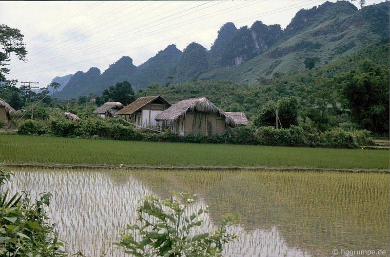 Bản làng nằm dưới chân núi ở Cao Bằng.