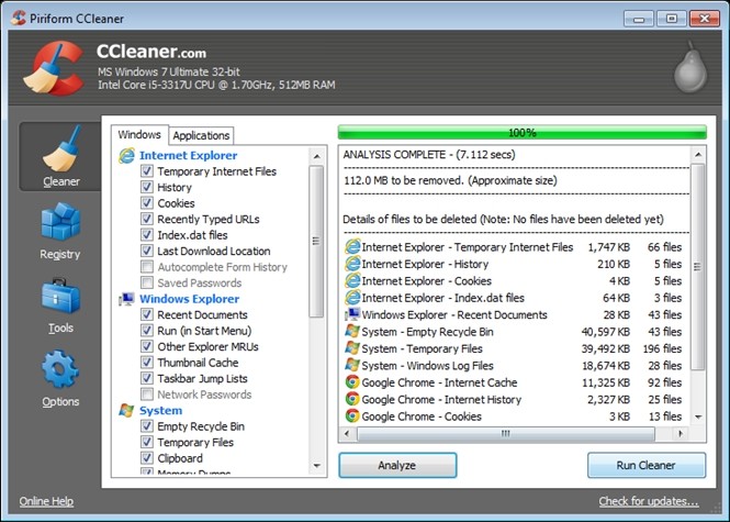  Chạy các ứng dụng dọn rác. CCleaner là  ứng dụng tăng tốc máy tính được người dùng đánh giá rất cao từ trước đến nay. Nó giúp bạn tìm và xóa bộ nhớ đệm và các file tạm (file được dùng cho một tác vụ nào đó nhưng sau khi tác vụ được thực hiện xong nó không còn tác dụng) trong nhiều ứng dụng khác nhau. Bạn có thể tải về CCleaner tại đây.