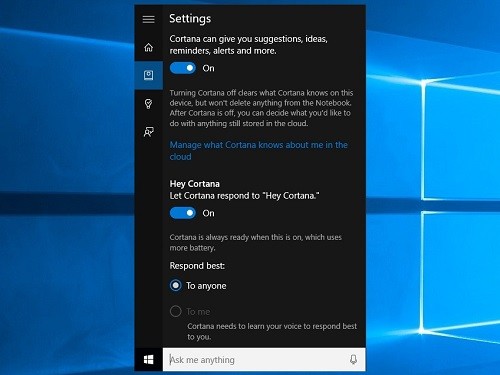  Kích hoạt hay vô hiệu hóa Cortana. Bạn có thể bật/tắt tính năng Cortana trong  hệ điều hành Windows 10. Tính năng Cortana của Microsoft đã chuyển từ nền tảng di động sang máy tính để bàn trong Windows 10, nhưng trợ lý kỹ thuật số này mặc định không được kích hoạt khi nâng cấp. Hãy nhấn vào nút Start, chọn Cortana, sau đó chọn Notebook (biểu tượng thứ ba từ trên xuống) và trong đó bạn có thể bật hay tắt Cortana cũng như cho phép hoặc vô hiệu hóa lệnh giọng nói "hey Cortana!".