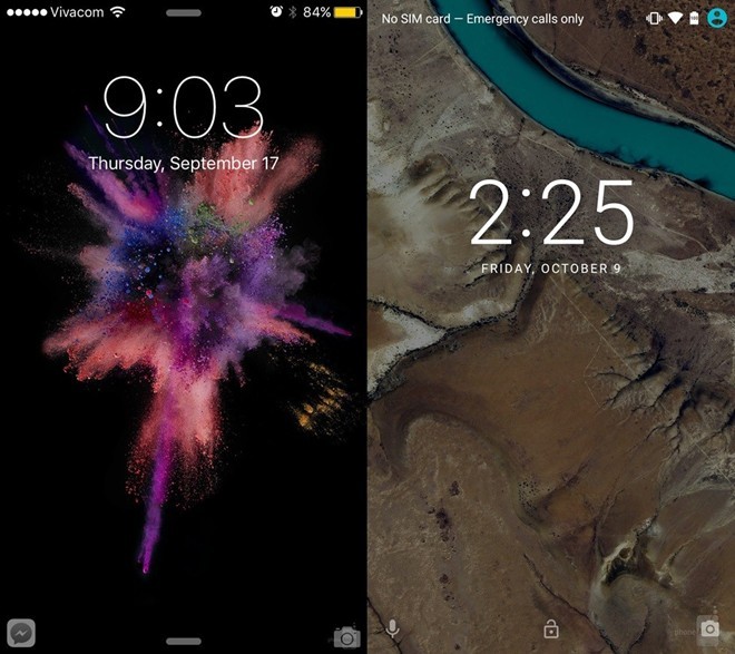 Màn hình khóa của  hệ điều hành iOS 9 vẫn giữ nguyên từ iOS 7 trong khi Android bổ sung thêm icon của Google Now, bên cạnh biểu tượng mở khóa màn hình và chụp ảnh nhanh.