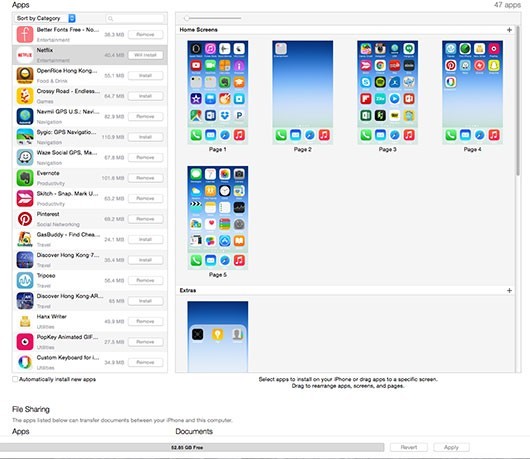 Đầu tiên, kết nối iPhone với máy tính và khởi chạy iTunes nếu nó không tự động mở. Nhấp vào biểu tượng iPhone ở góc trên bên trái, chọn Ứng dụng ngay bên dưới phần Cài đặt bạn sẽ thấy danh sách các ứng dụng bên tay trái và màn hình chính và các thư mục của iPhone bên phải.