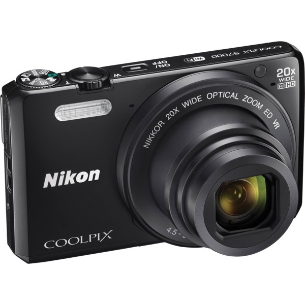    Nikon Coolpix S7000. Nikon Coolpix S7000 có thiết kế nhỏ gọn và được trang bị cảm biến CMOS 16MP, ISO tối đa 6.400. Tính năng Zoom quang 20x cho phép Coolpix S7000 rút ngắn khoảng cách với chủ thể ở xa và ghi hình rõ nét. Máy có thời gian khởi động chỉ gần 1 giây và lấy nét nhanh 0,26 giây để bạn hạn chế bỏ lỡ những khung hình. Màn hình hiển thị 3 inch cung cấp nội dung ngắm chụp và xem lại rõ nét. Máy hỗ trợ quay phim FullHD và tính năng chia sẻ thông qua kết nối không dây Wi-Fi và NFC. Giá tham khảo: 4.390.000 đồng.