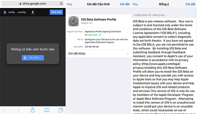 Đầu tiên, trên thiết bị của mình bạn mở trình duyệt Safari lên và bấm vào đây và tải về Profile của lập trình viên iOS. Sau khi tải về bạn chọn cài đặt và chọn khởi động lại thiết bị. Bạn cần kết nối Wi-Fi để sau khi khởi động lại thiết bị tự động tải về bản cập nhật mới.