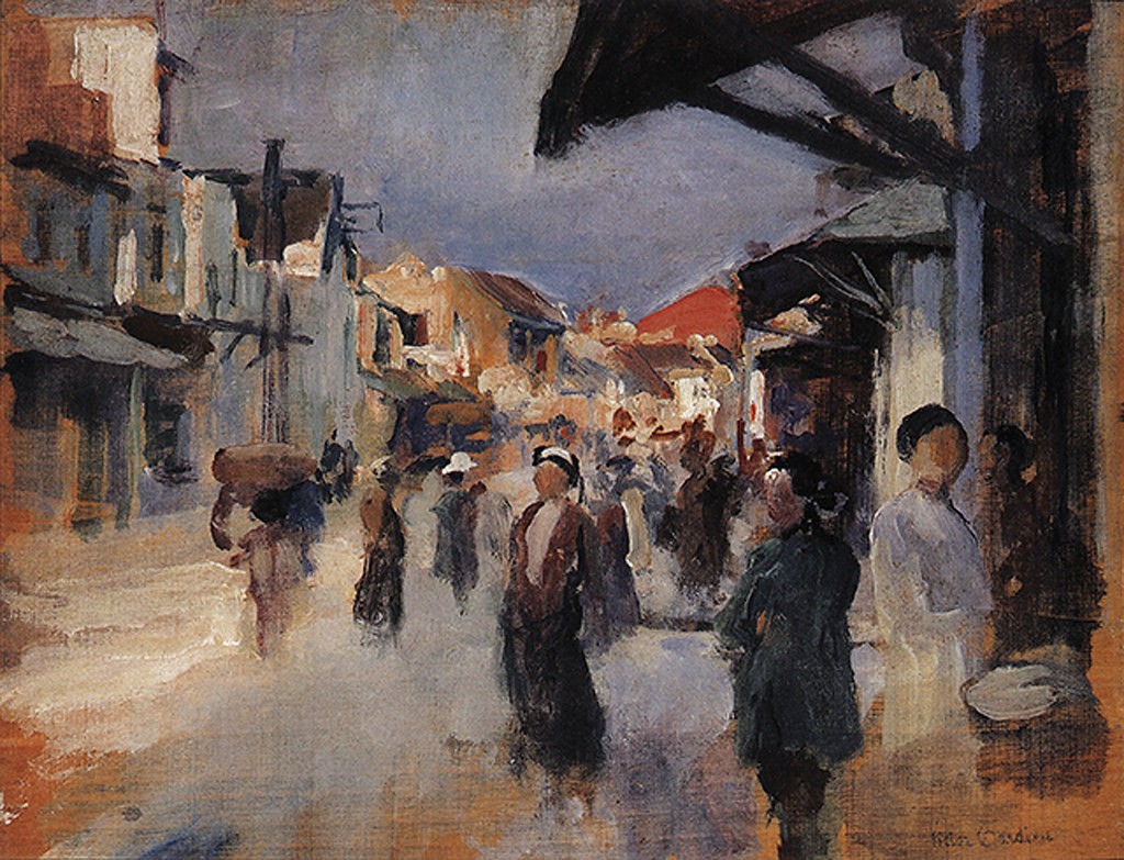 "Phố của những người đổi tiền" (Rue des Changeurs - phố Hàng Bạc ngày nay), tranh sơn dầu của  Victor Tardieu. Victor Tardieu (1870- 1937) là một họa sĩ người Pháp đã đóng góp công sức rất lớn cho việc xây dựng nền mỹ thuật hiện đại Việt Nam.