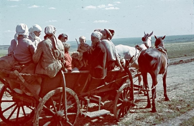 Phụ nữ và trẻ em trên xe ngựa kéo,  Ukraine năm 1942. Thời điểm này Ukraine đang nằm dưới sự chiếm đóng của Đức Quốc xã.