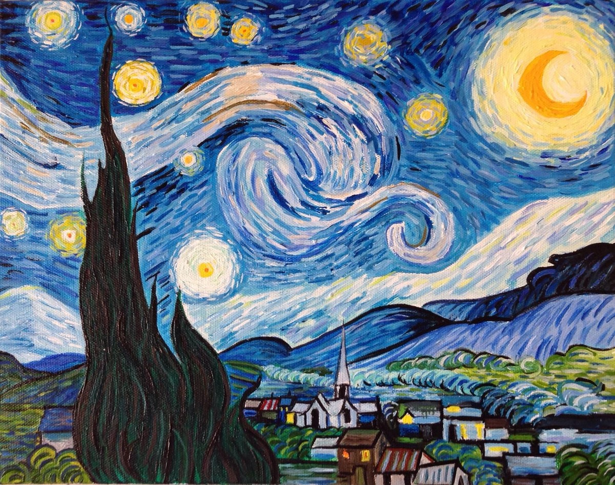  1. Starry Night (Đêm Đầy Sao) (1889). Tác phẩm này được tạo ra khi  Van Gogh đang ở trong một viện tâm thần tại Saint-Rémy-de-Provence. Bức tranh với bầu trời xoáy cuộn và những ngôi sao sáng rực rỡ là biểu tượng cho tâm hồn hỗn loạn và nội tâm phức tạp của ông. Ảnh: Pinterest.