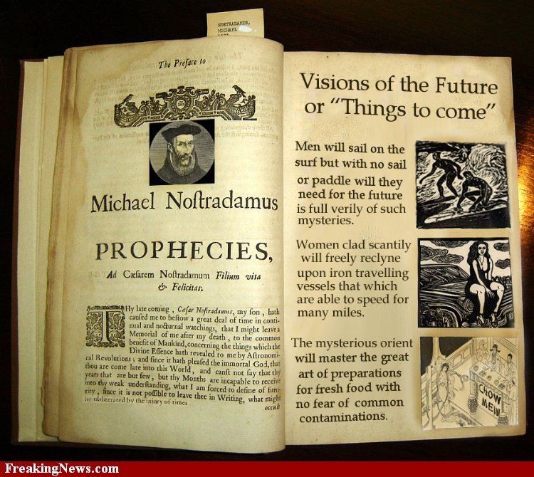  1. Những lời tiên tri (Les Prophéties). Tác giả: Nostradamus (Michel de Nostredame) Nội dung: Gồm 942 bài thơ  tiên tri (quatrains) đề cập đến các sự kiện tương lai từ thế kỷ 16 đến tận thế. Các sự kiện như cách mạng Pháp, sự trỗi dậy của Hitler thường được cho là đã được tiên đoán trong cuốn sách này. Ảnh: Pinterest.