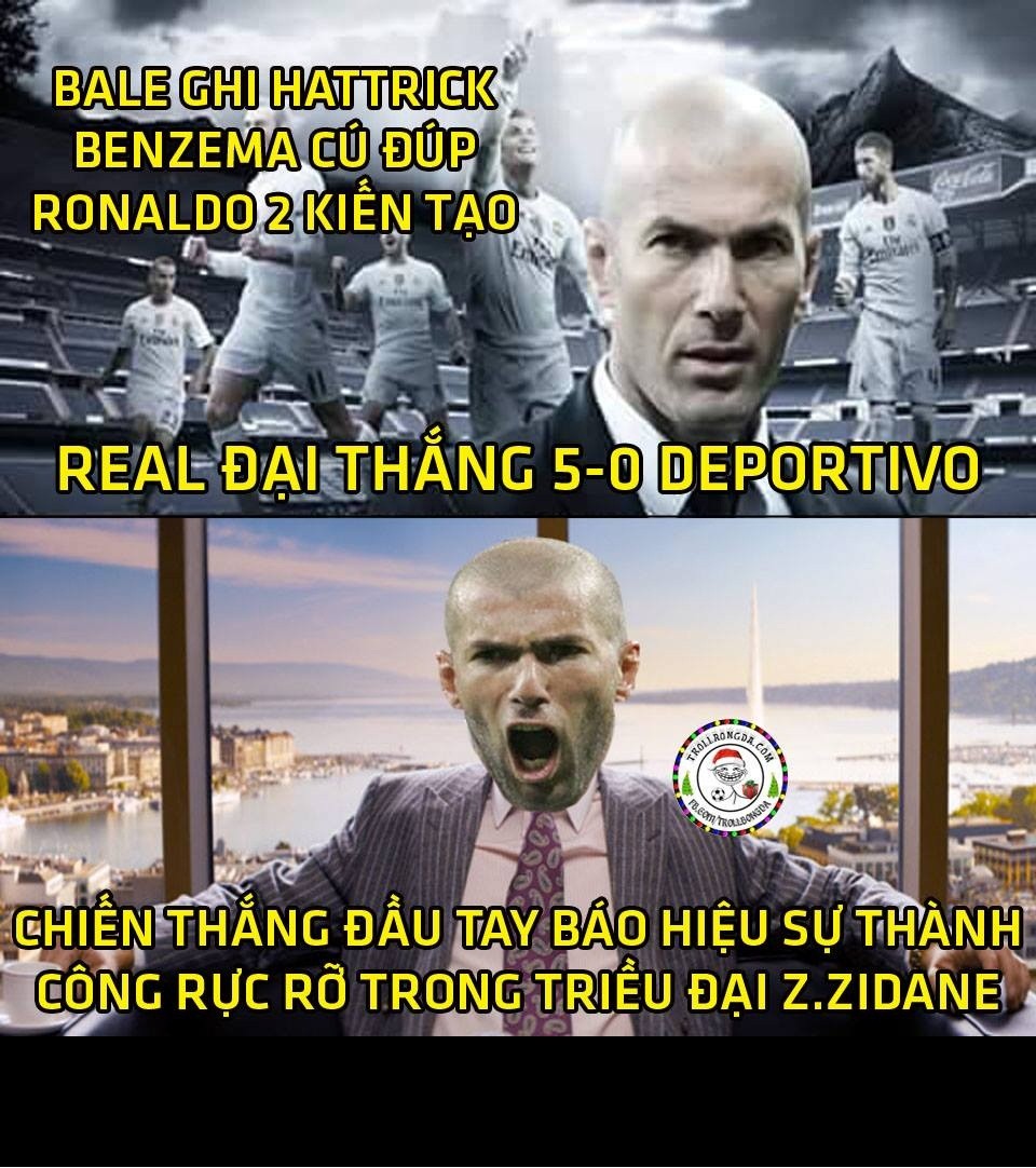  Ảnh chế bóng đá tuần qua xoay quanh việc các cầu thủ Real Madrid thi đấu tưng bừng và có chiến thắng 5-0 trước đối thủ Deportivo trong vòng 19 La Liga để mừng ngày tân HLV Zizou ra mắt toàn bộ NHM sân Bernabeu.