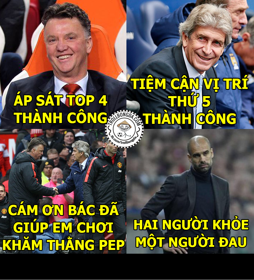  Ảnh chế bóng đá đã quay trở lại với vô vàn sự kiện, đặc biệt là việc Van Gaal và Manuel Pellegrini cùng nhau bắt tay chơi khăm tân HLV của Man City mùa sau là Pep Guardiola. Ảnh dùng trong bài: Trollbongda.