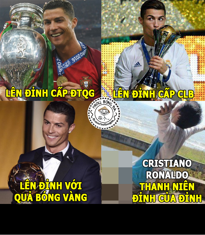 Năm 2016 được đánh giá là một năm vô cùng thành công của cá nhân của siêu sao Cris Ronaldo. Anh đã lên đỉnh vinh quang cùng với ĐTQG Bồ Đào Nha và CLB Real Madrid. Mới đây, anh cũng thêm vào kho danh hiệu của mình một Quả bóng vàng thế giới nữa. Chính vì vậy, cư dân mạng đã phong cho Ronaldo trong bức  ảnh chế bóng đá là "thanh niên lên đỉnh của năm".