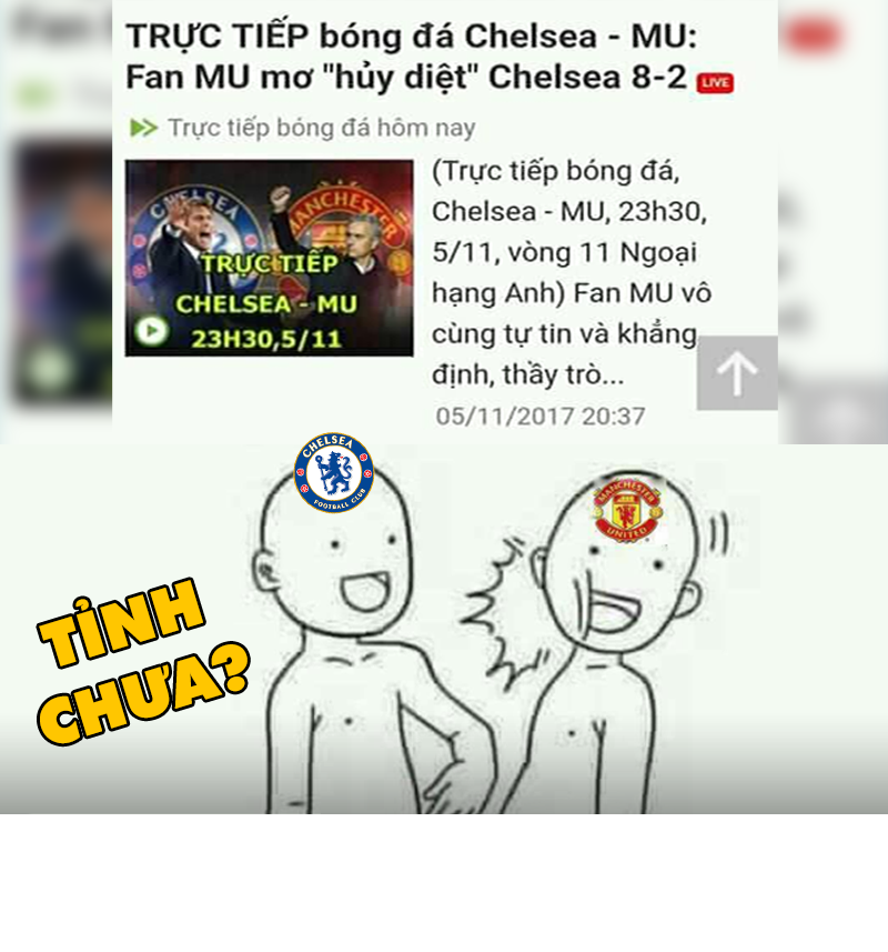  Ảnh chế bóng đá tuần qua xoay quanh trận đại chiến giữa Chelsea và M.U trên SVĐ Stamford Bridge, nơi mà bàn thắng duy nhất của Morata đã khiến fan của M.U phải trở về với mặt đất sau chuỗi trận "ảo tưởng".