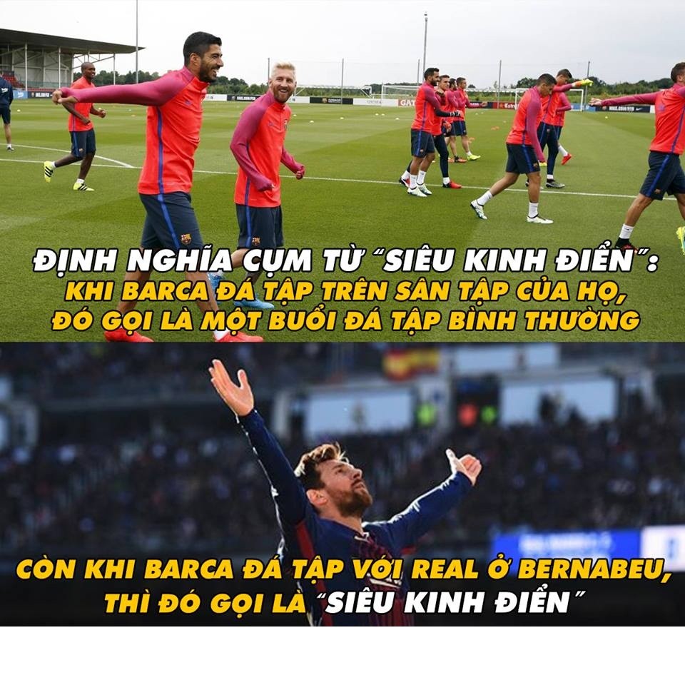 Bức  ảnh chế bóng đá Barca biến thánh địa Bernabeu của Real thành sân tập được các fan của CLB xứ Catalan đăng tải lên mạng khiến các Madridista cảm thấy nóng mắt.