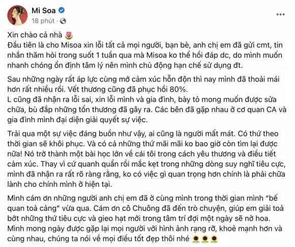 Mới đây trên trang, Misoa Kim Anh có bài đăng dài sau khi lộ loạt hình ảnh bản thân bị bạn trai bạo hành.