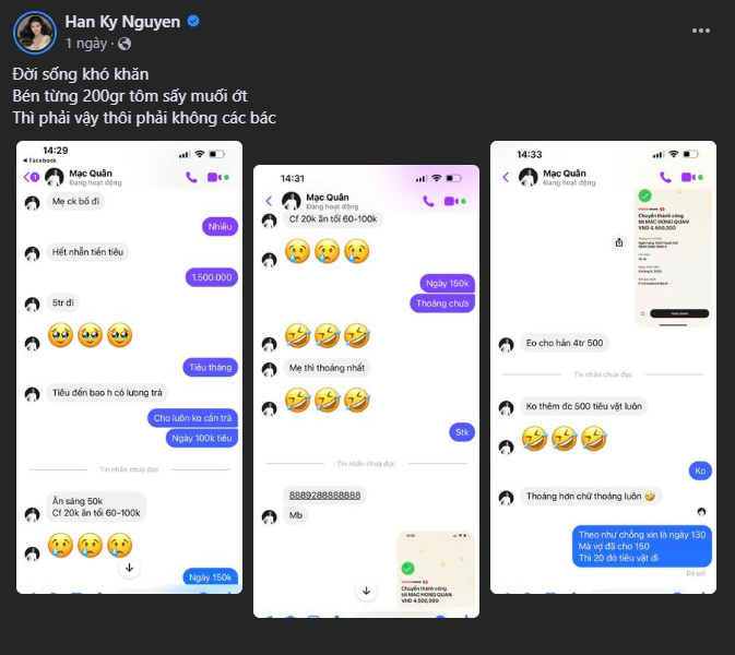 Mới đây, trên trang cá nhân của mình, Kỳ Hân đã chia sẻ đoạn trò chuyện qua tin nhắn cùng với  Mạc Hồng Quân. Cô hài hước chú thích: "Đời sống khó khăn. Bén từng 200gr tôm sấy muối ớt. Thì phải vậy thôi phải không các bác". Đọc nội dung cuộc trò chuyện của hai vợ chồng nhà sao Việt này mà dân tình cười bò.