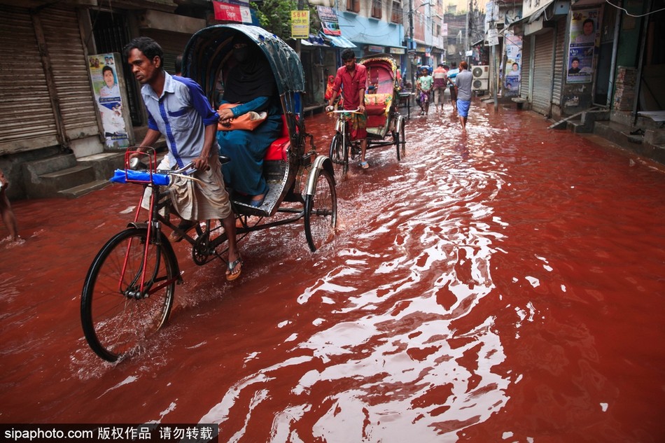 Tại thủ đô Dhaka của Bangladesh, mới đây người dân đã được phen kinh hoàng khi sau một trận mưa, đường phố bỗng chốc hóa thành  dòng sông đỏ rực như máu, trông rất đáng sợ. (Nguồn Sina)