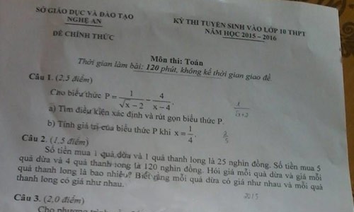 Đề thi vào lớp 10 THPT môn Toán toàn tỉnh Nghệ An sáng 10/6