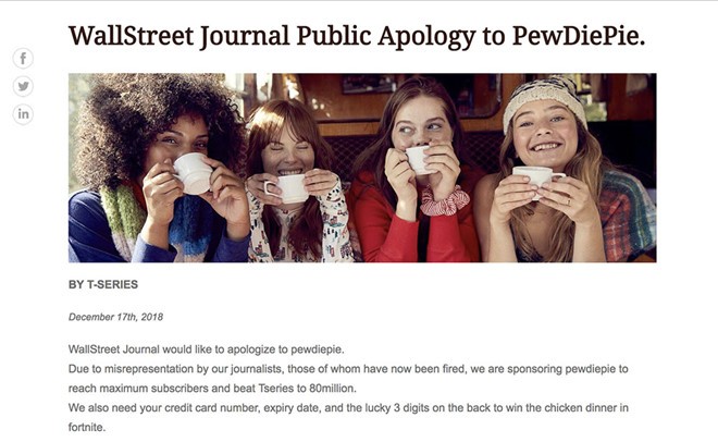 Tờ Wall Street Journal bị hack, đăng lời xin lỗi PewDiePie