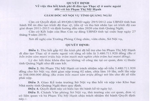 4 quan Quảng Ngãi bị thu hồi tiền ngân sách cho con học thạc sĩ là ai?