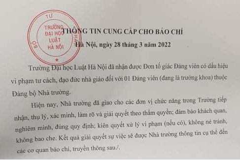 Thông tin mới nhất vụ Trưởng khoa Trường  Đại học Luật Hà Nội bị tố cưỡng bức, tấn công tình dục