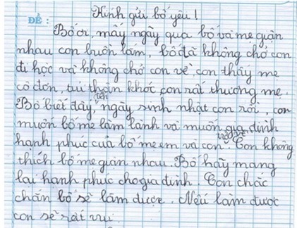 Bé viết thư xin bố mẹ đừng giận nhau