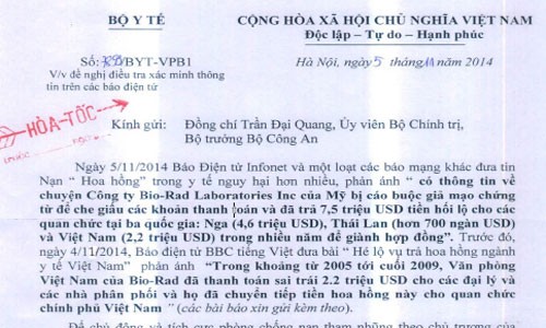 Bộ Y tế đề nghị xác minh tin Bio-Rad hối lộ 2,2 triệu đô