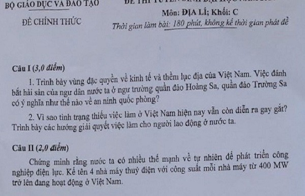 Đáp án đề thi môn Địa liên quan đến Hoàng Sa - Trường Sa