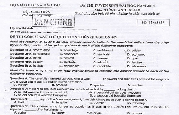 Gợi ý đáp án đề thi môn tiếng Anh khối D 2014